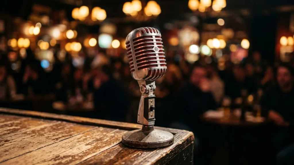 A vintage silver microphone stands on a wooden stage in a dimly lit venue.