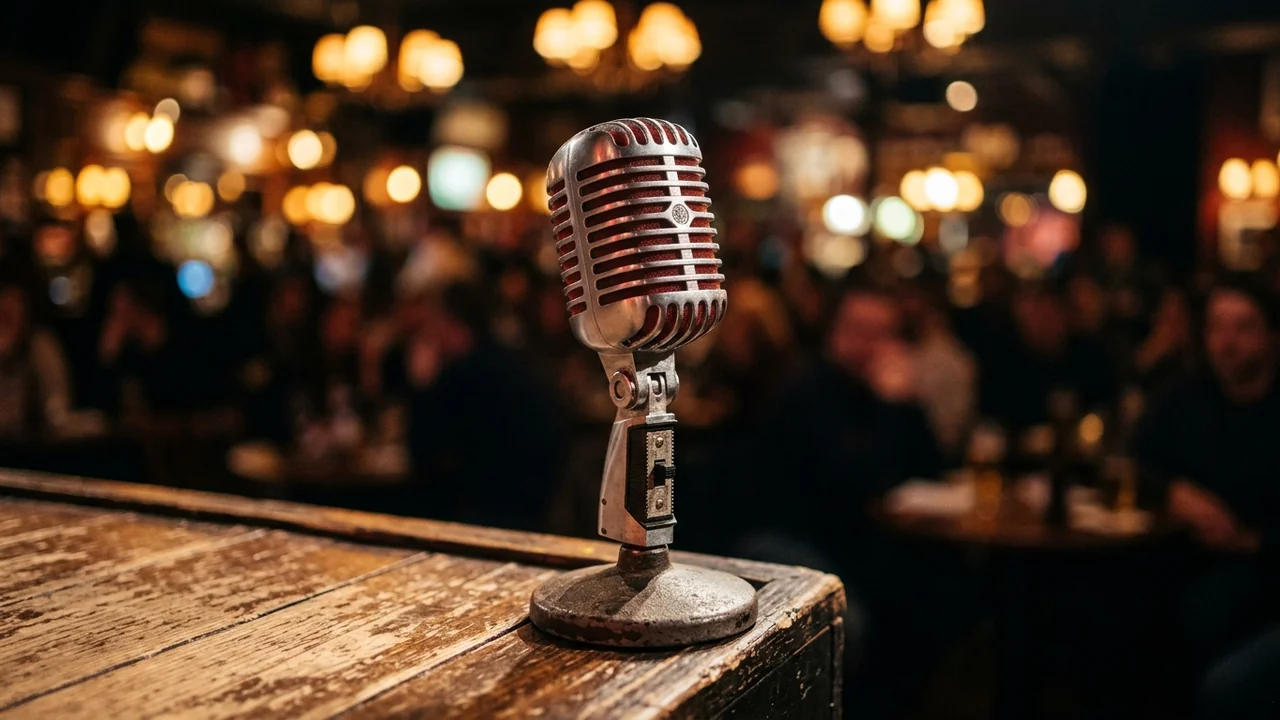 A vintage silver microphone stands on a wooden stage in a dimly lit venue.