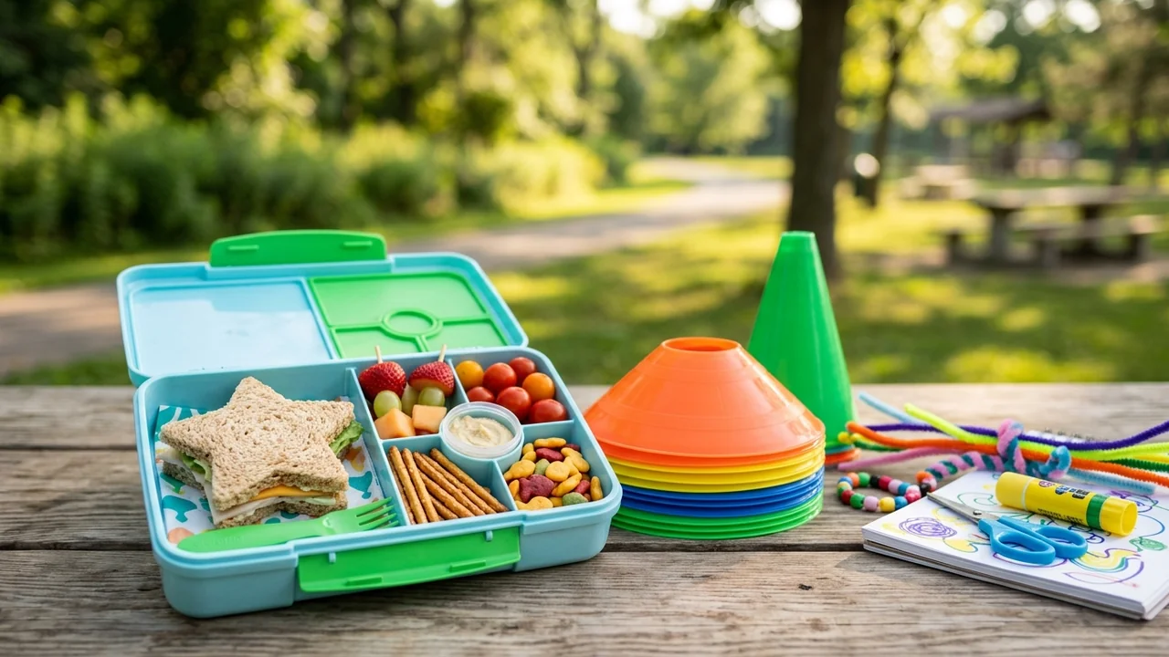 A divided lunchbox containing a star-shaped sandwich, fruit, and snacks on an outdoor table.