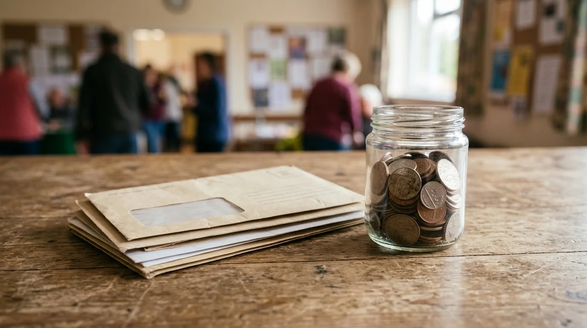 A clear glass jar filled with coins next to stacked envelopes on a table.