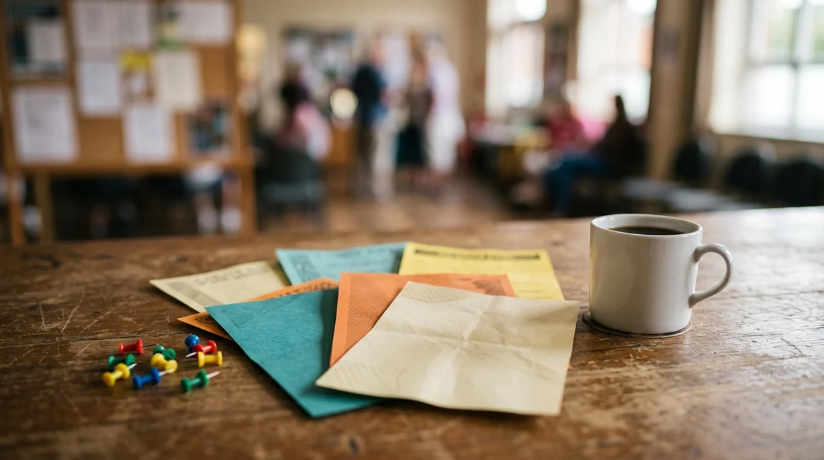 A white coffee mug and colorful paper sheets with pushpins on a wooden table.