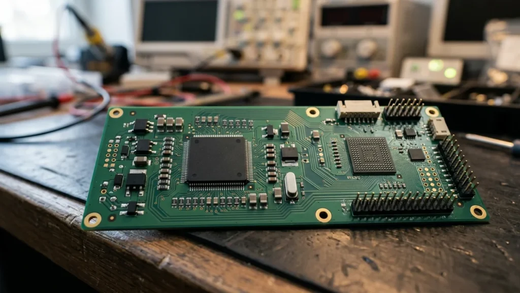 Green electronic circuit board with integrated chips resting on a dark workbench in laboratory.