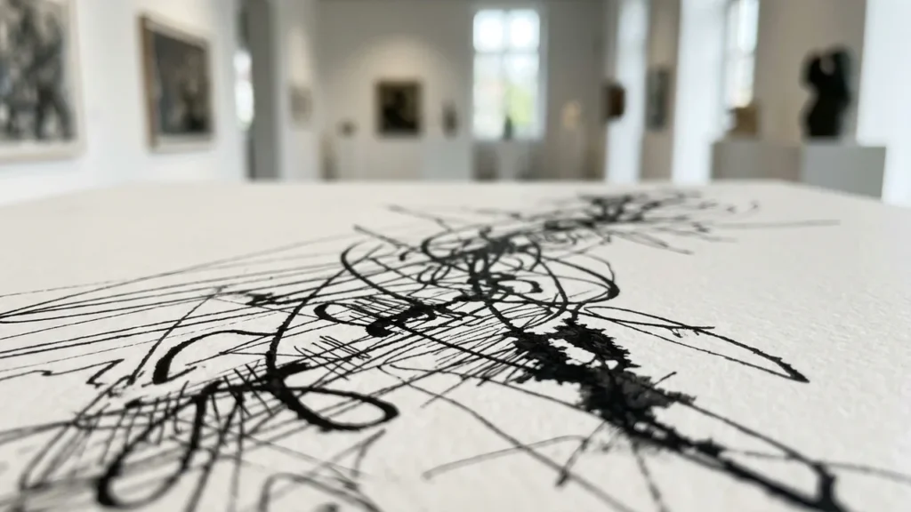 Close-up of abstract black ink scribbles on white paper inside an art gallery.