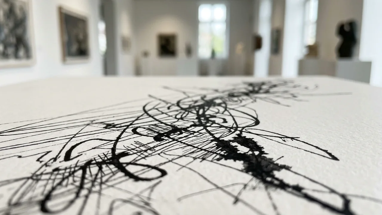 Close-up of abstract black ink scribbles on white paper inside an art gallery.