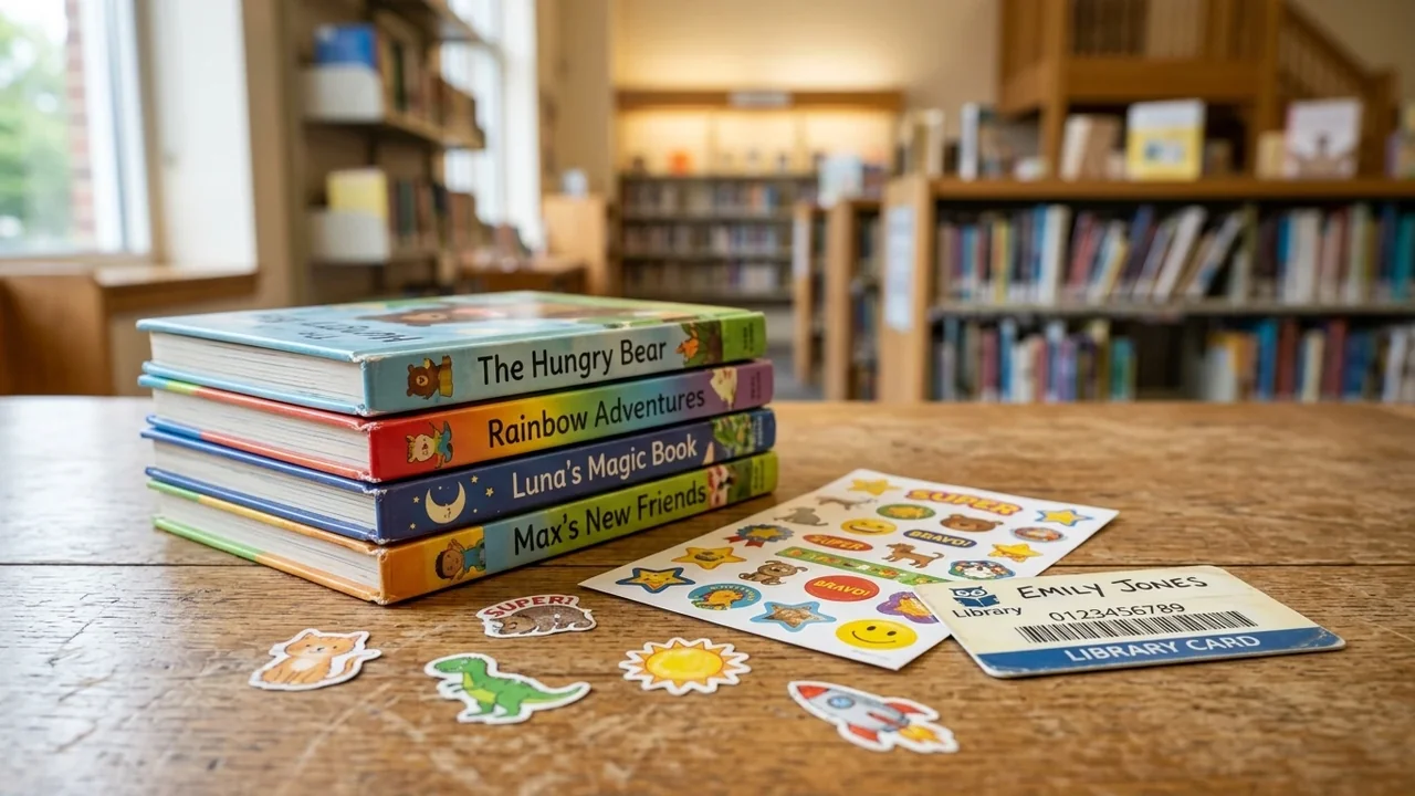 A stack of children's books, stickers, and a library card on a wooden table.