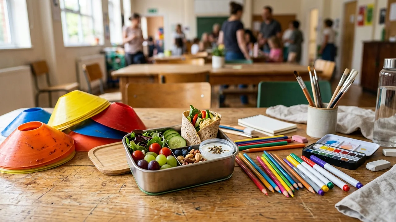 A metal lunchbox with fruit, vegetables, and a wrap sits on a wooden classroom table.
