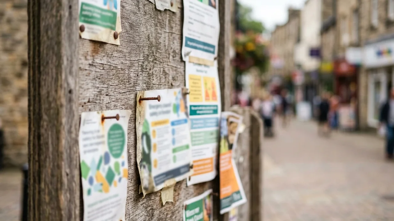 Close-up of a rustic wooden post covered with various flyers in a town center.