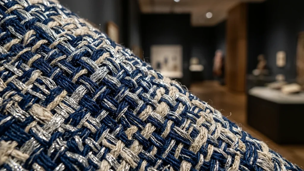 Close up view of a coarse blue and beige woven textile in a museum.