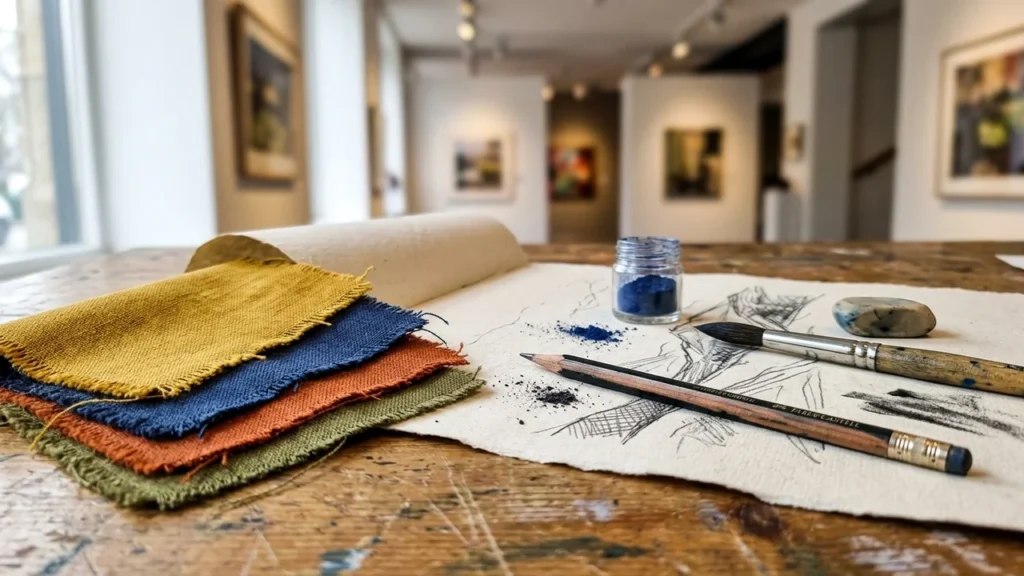 Artist tools and fabric swatches resting on a wooden table in an art gallery.