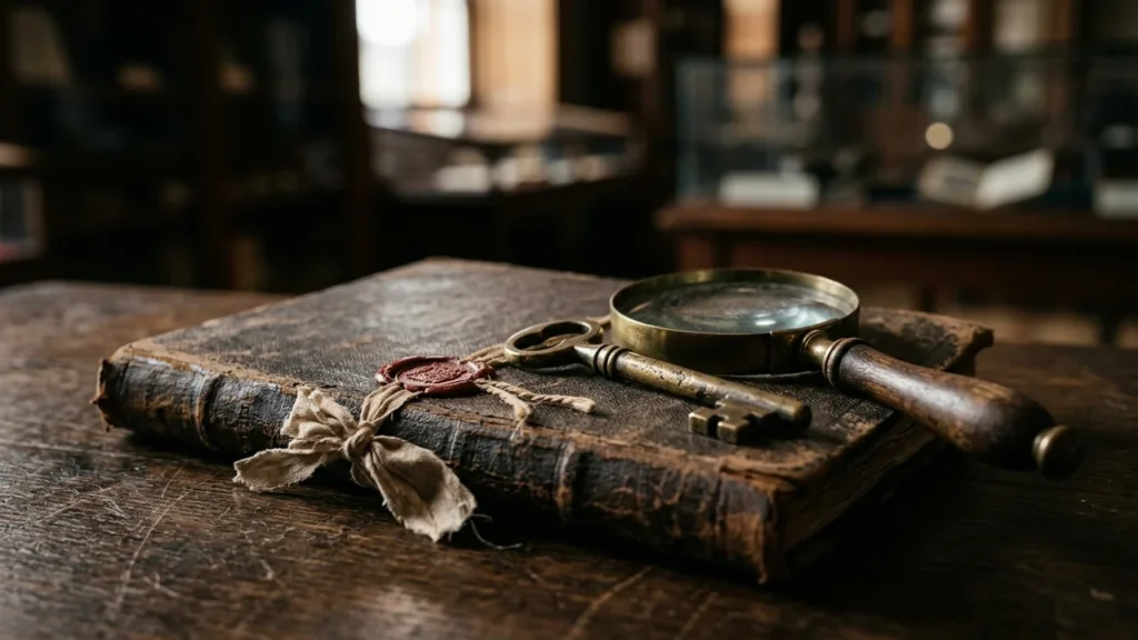 An antique book with a wax seal, metal key, and magnifying glass resting atop.
