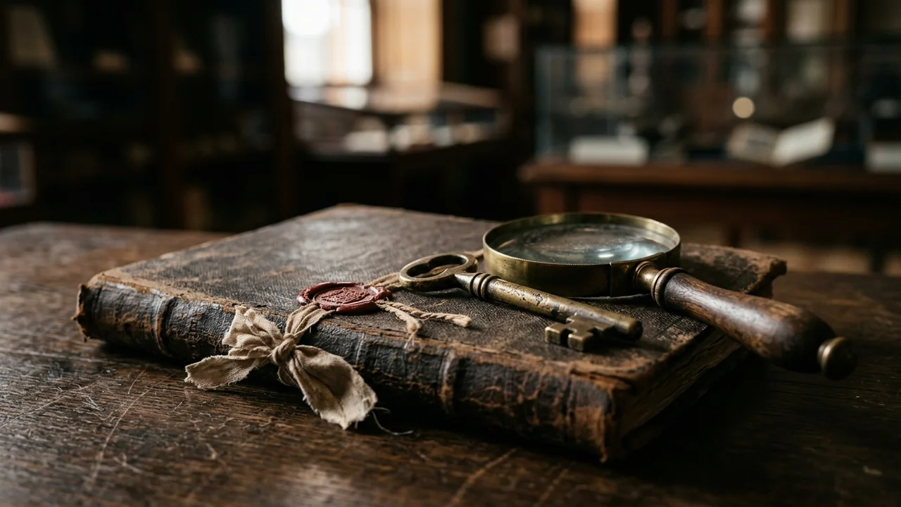 An antique book with a wax seal, metal key, and magnifying glass resting atop.
