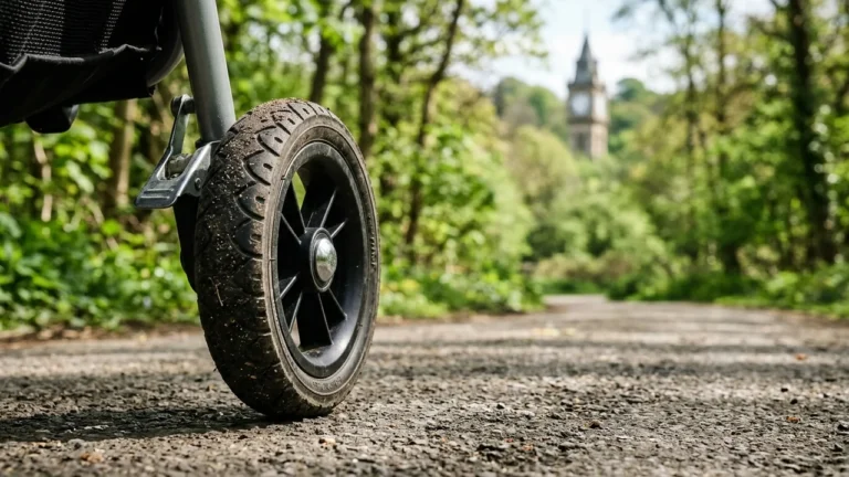 Close-up of a stroller wheel on a gravel path near a blurry clock tower.