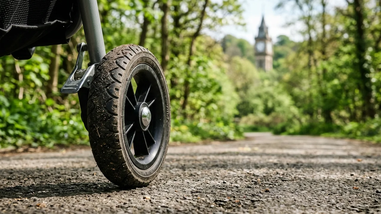 Close-up of a stroller wheel on a gravel path near a blurry clock tower.