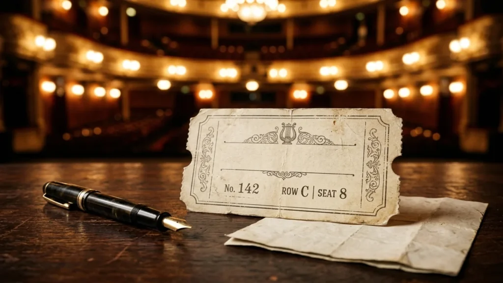 A vintage theater ticket and fountain pen sit on a wooden surface before stage lights.