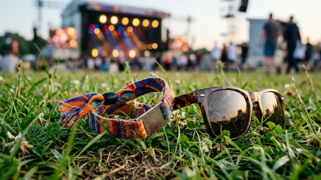 A patterned fabric festival wristband and sunglasses lying on grass at a concert venue.