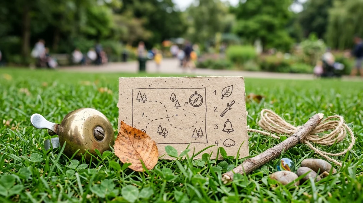 A hand-drawn scavenger hunt map on cardboard sits in lush green grass outdoors.