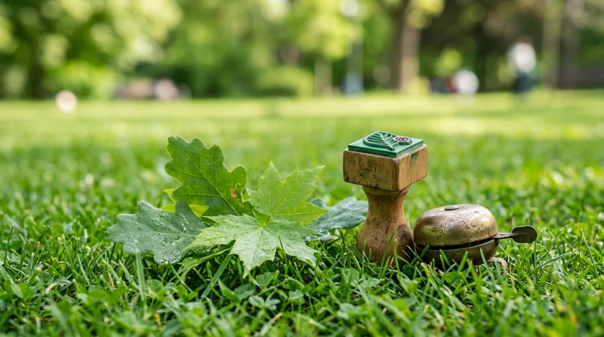 A wooden stamp with a leaf icon next to a bell on grass.