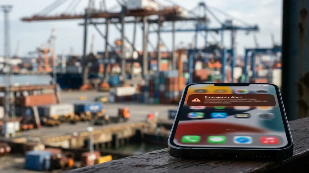 Smartphone displaying an emergency alert notification with a blurred industrial shipping port background.