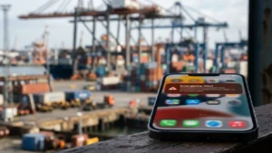 Smartphone displaying an emergency alert notification with a blurred industrial shipping port background.