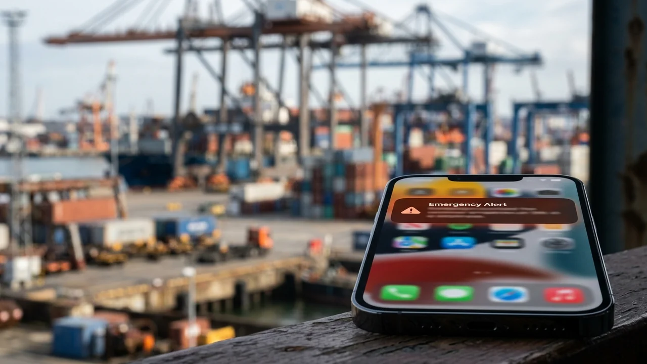 Smartphone displaying an emergency alert notification with a blurred industrial shipping port background.