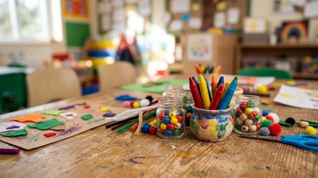 Close-up of a wooden classroom table with crayons, beads, and craft supplies for children.