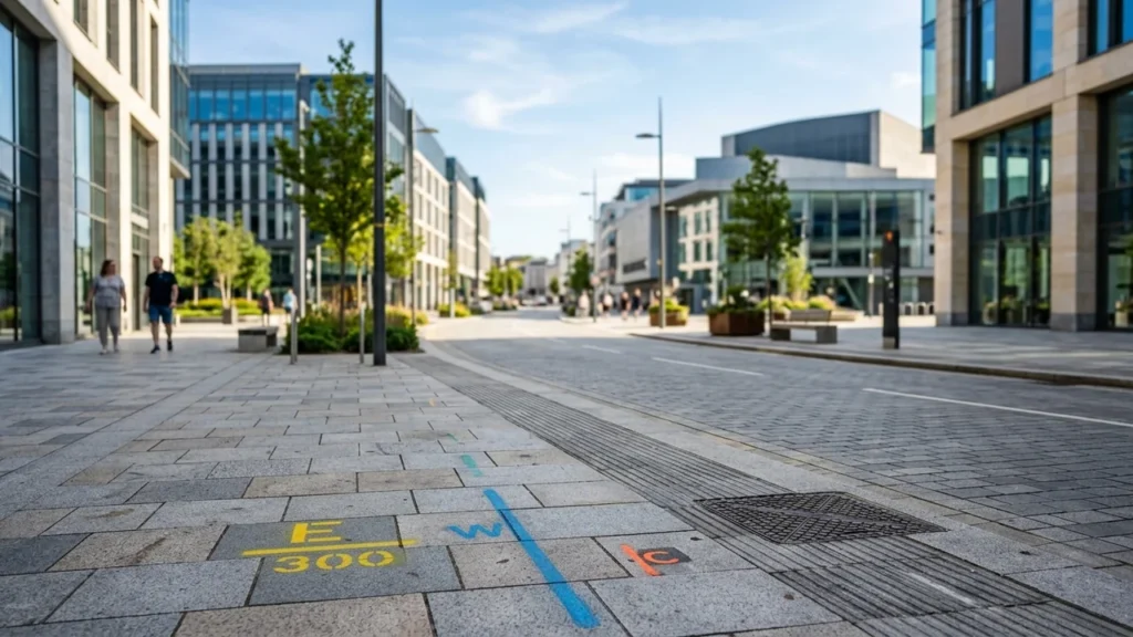 A pedestrianized city street with modern glass buildings and colored markings on the pavement.