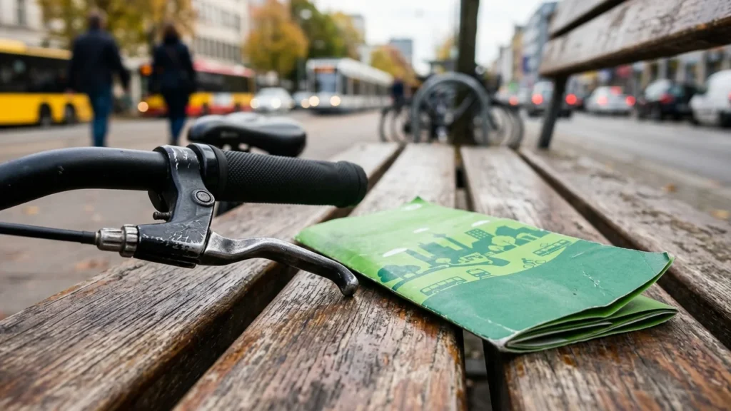 Close up of a bicycle handlebar and a green folded map on a park bench.