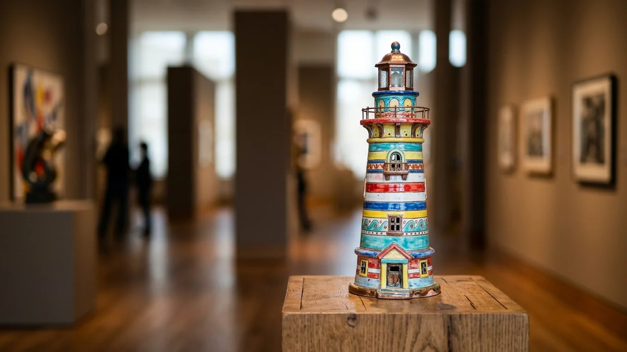 A colorful miniature lighthouse sculpture displayed on a wooden pedestal inside a modern art gallery.