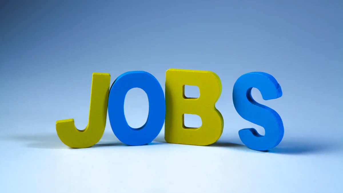 Colorful wooden block letters spelling the word JOBS on a plain blue background.