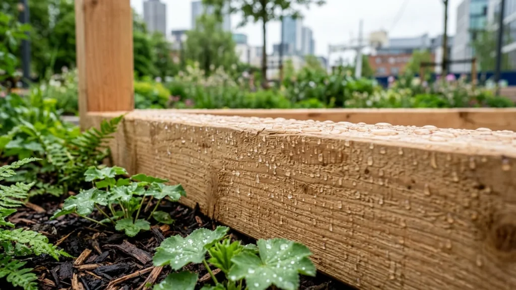 Raindrops sit on a wooden raised garden bed frame in an urban park setting.