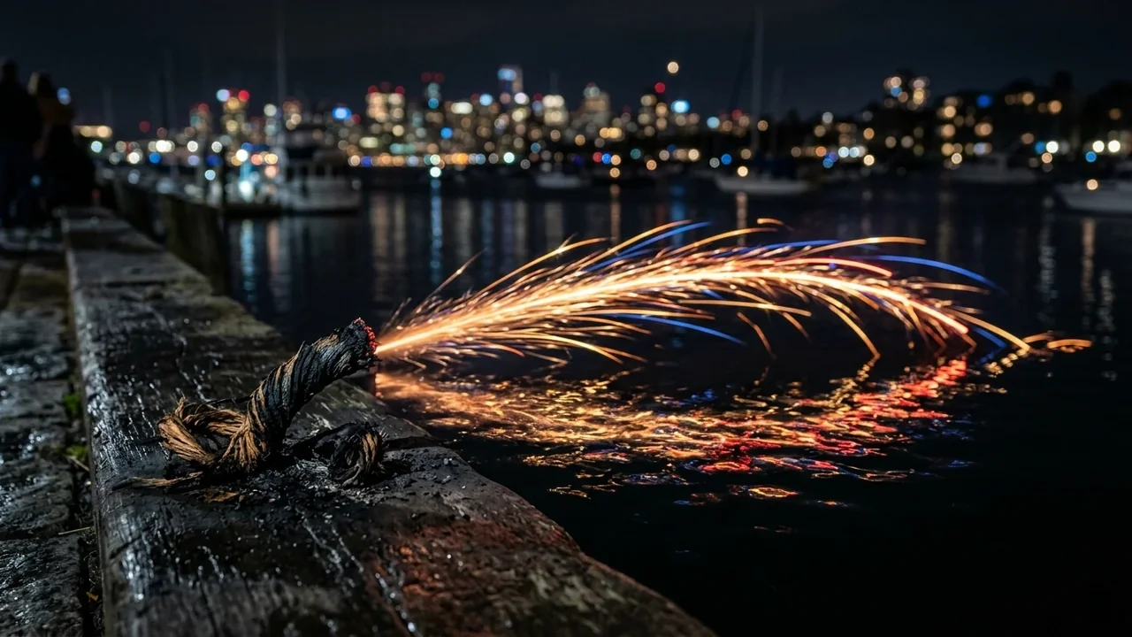 A glowing rope end shoots sparks into the dark harbor water at night.