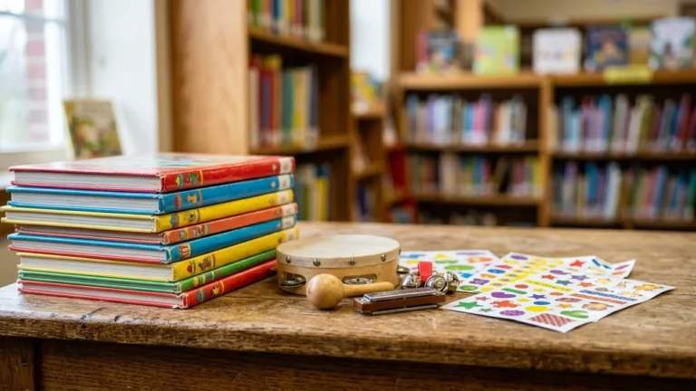 A stack of colorful children's books, a tambourine, harmonica, and stickers on a table.