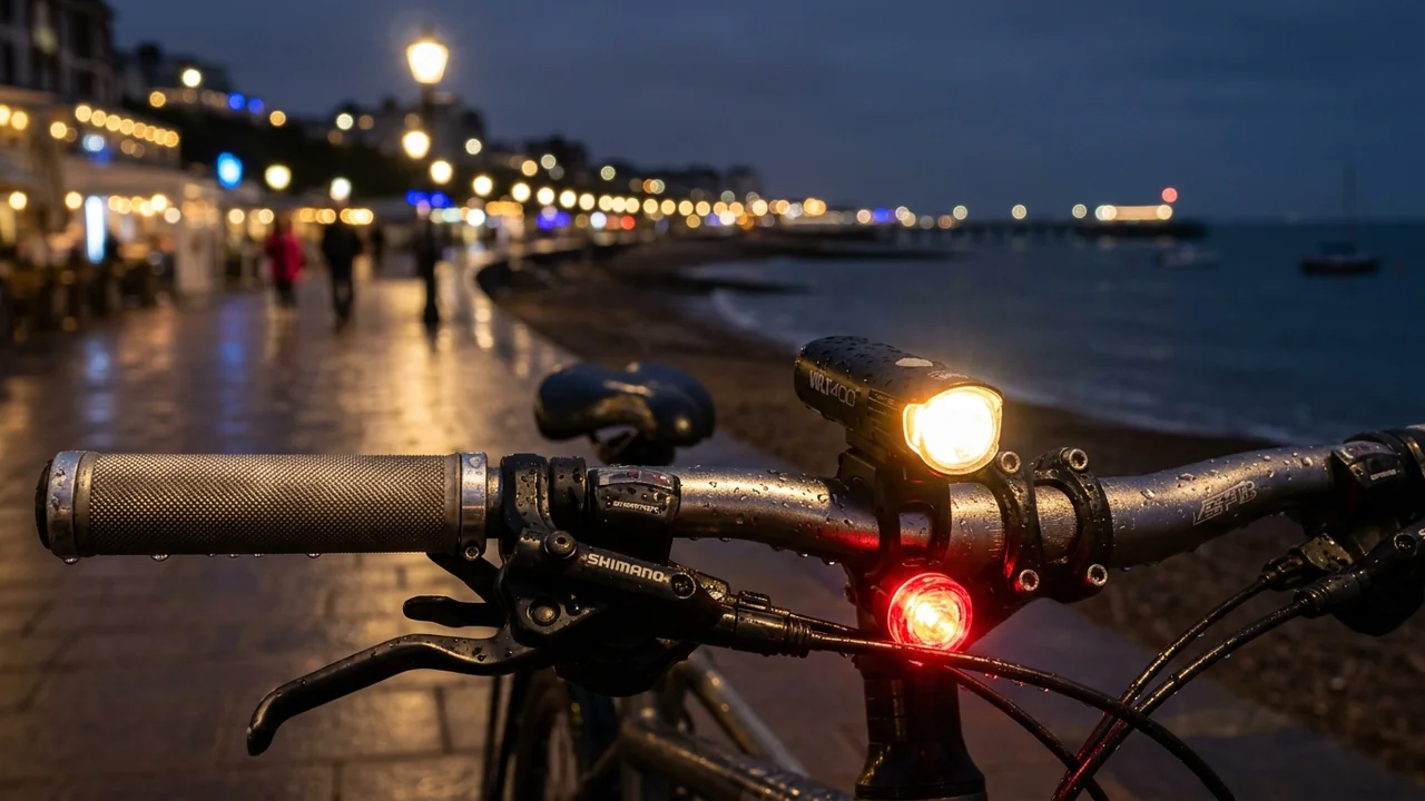 Close-up of a bicycle handlebar with glowing lights on a rainy coastal promenade.