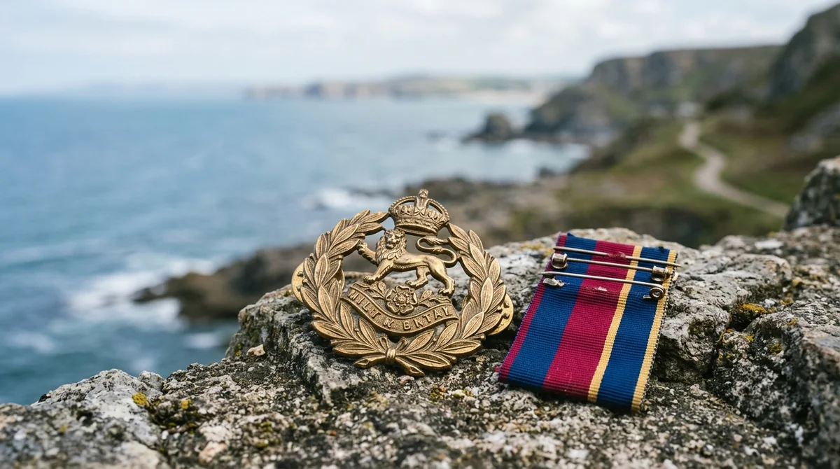 A brass military cap badge and ribbon medal resting on a rocky coastal cliff.