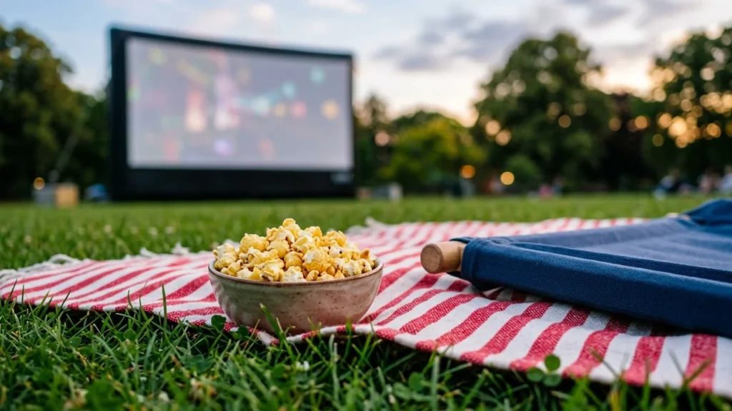 A bowl of popcorn sits on a red and white striped picnic blanket outdoors.