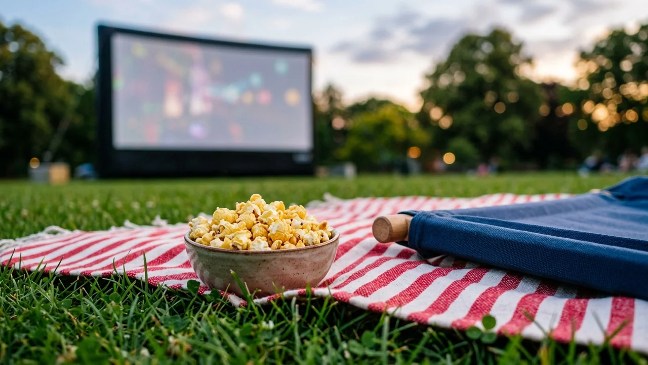 A bowl of popcorn sits on a red and white striped picnic blanket outdoors.
