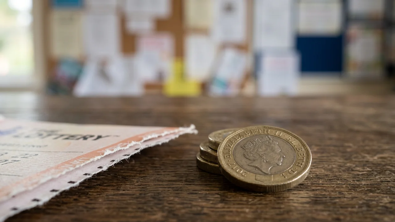 A stack of British pound coins resting beside a lottery ticket on wood.