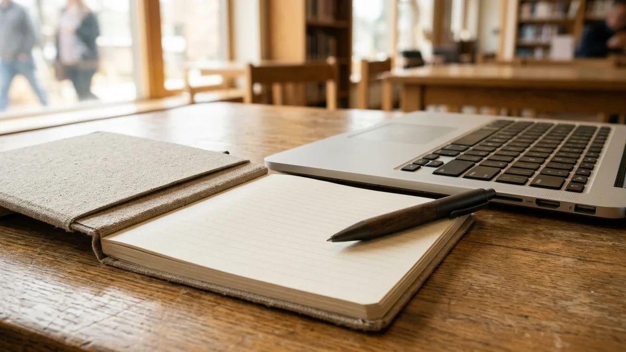 An open notebook and a ballpoint pen resting on a wooden office desk.