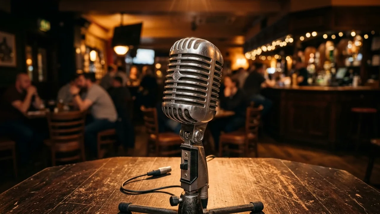 A vintage silver microphone stands on a wooden table in a blurred pub.