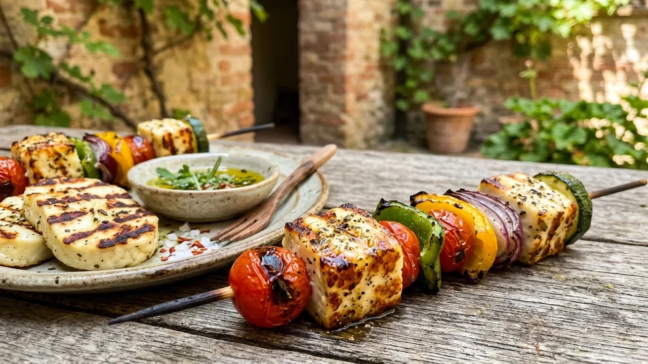 Grilled halloumi and vegetable skewers with a herb dipping sauce on wooden table.