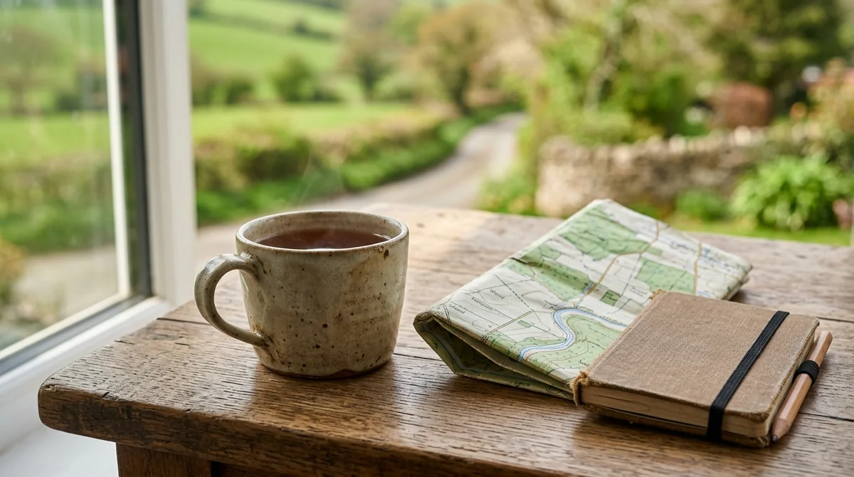 A rustic mug, a folded paper map, and a notebook sit on a wooden table.