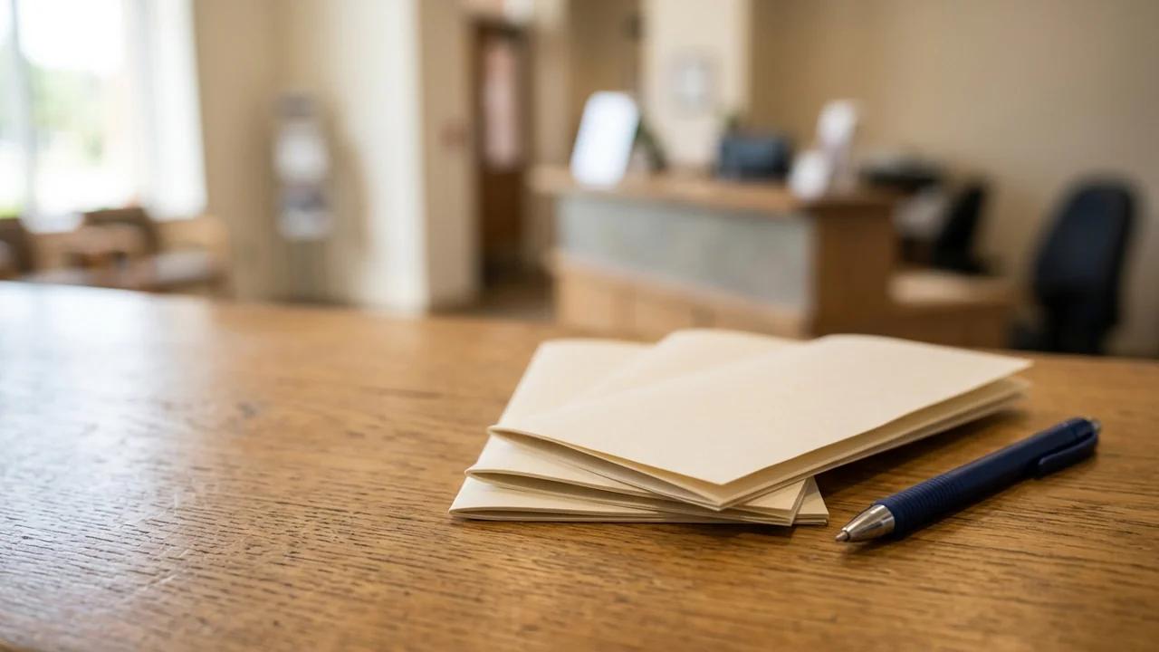 A stack of white folded papers and a blue pen on a wooden desk.