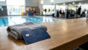 A grey folded towel and a blue membership card on a wooden gym counter.