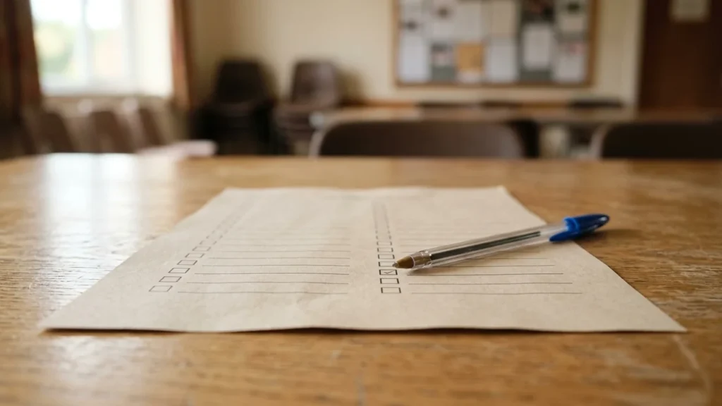 A blue ballpoint pen rests on a paper checklist atop a wooden desk.