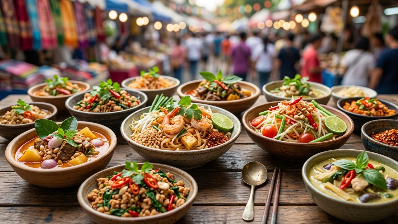 Various Thai dishes in ceramic bowls served on a rustic wooden table at market.