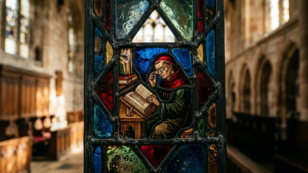 Close-up of a stained glass window depicting a monk reading a book in church.