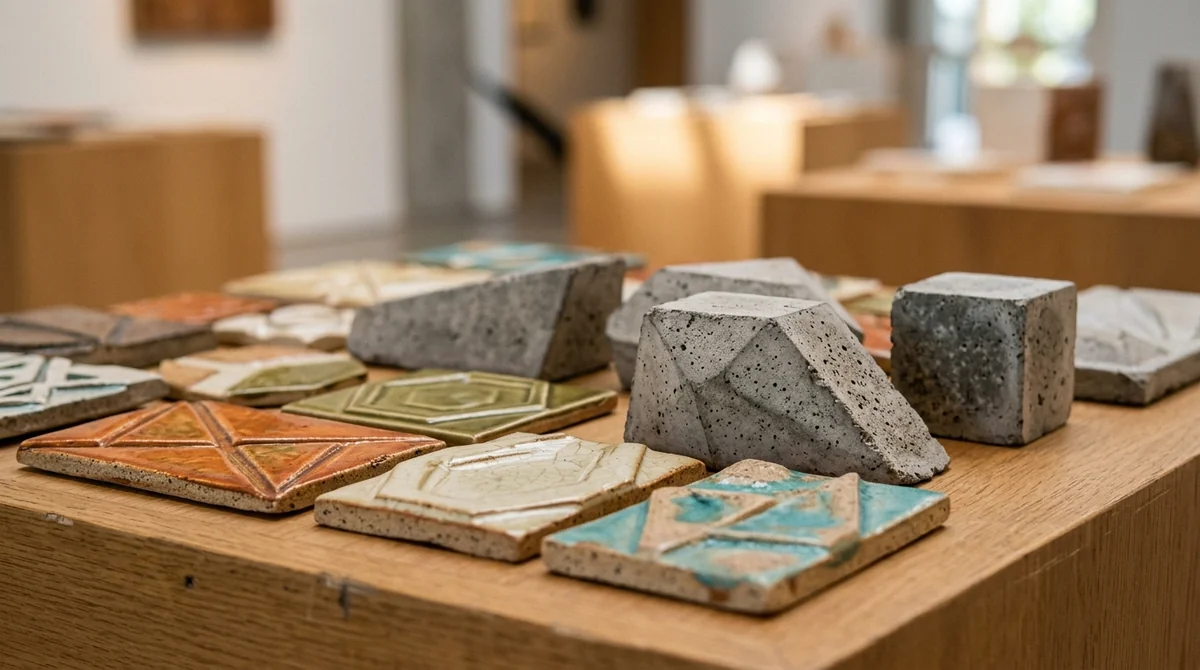 Close-up of assorted ceramic tiles and concrete geometric sculptures displayed on a wooden table.