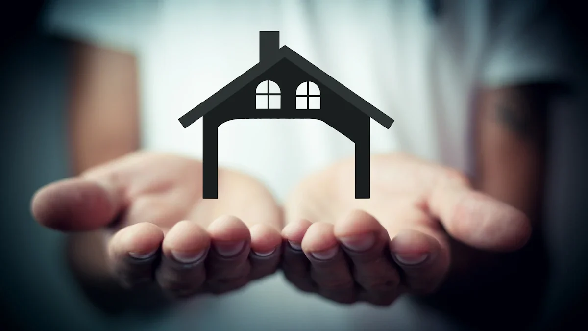 Conceptual image of hands cupping a small house model for housing support.