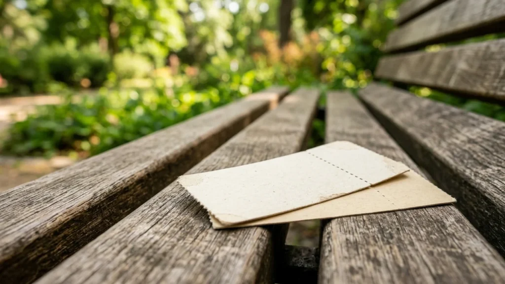 Two blank rectangular paper tickets resting on a weathered wooden park bench outdoors.