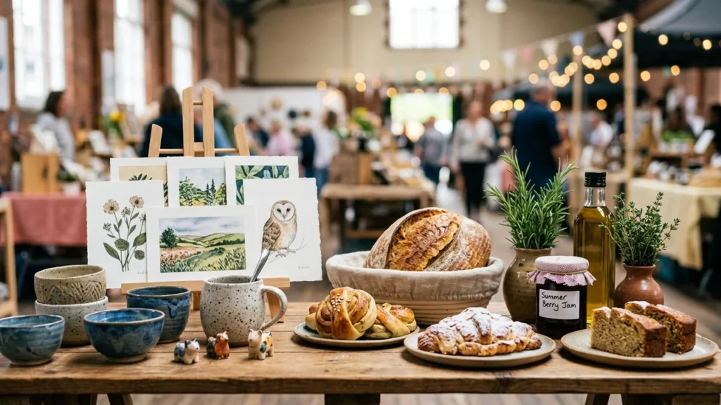 A wooden table displays watercolor paintings, fresh sourdough bread, pastries, and artisanal jarred jam.